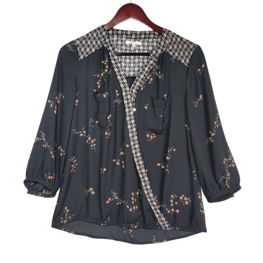 Maurices Flowy Black Floral Faux-Wrap Blouse Boho Whimsigoth Fairy 3/4 Sleeve Sm